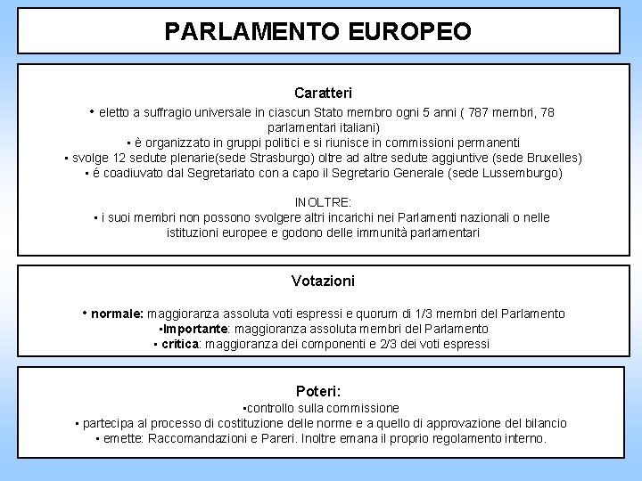 PARLAMENTO EUROPEO Caratteri • eletto a suffragio universale in ciascun Stato membro ogni 5