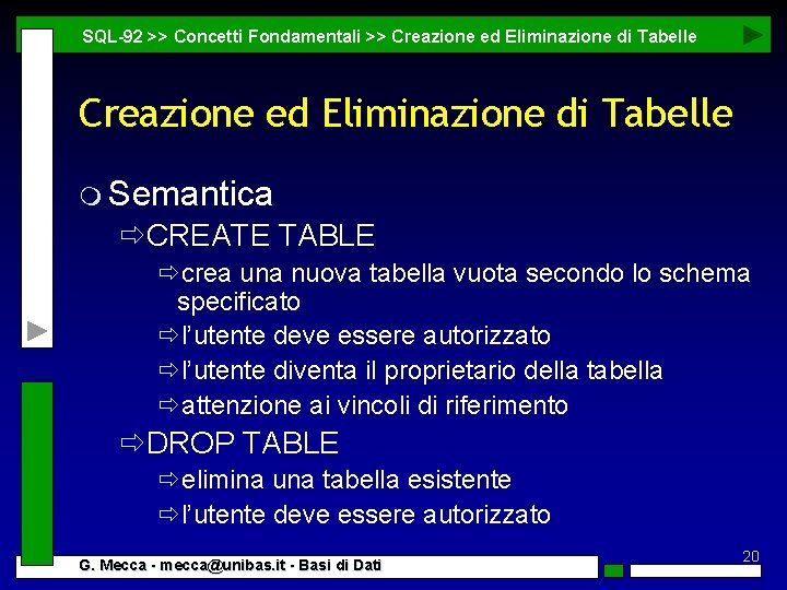 SQL-92 >> Concetti Fondamentali >> Creazione ed Eliminazione di Tabelle m Semantica ðCREATE TABLE