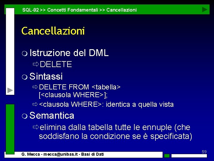 SQL-92 >> Concetti Fondamentali >> Cancellazioni m Istruzione del DML ðDELETE m Sintassi ðDELETE