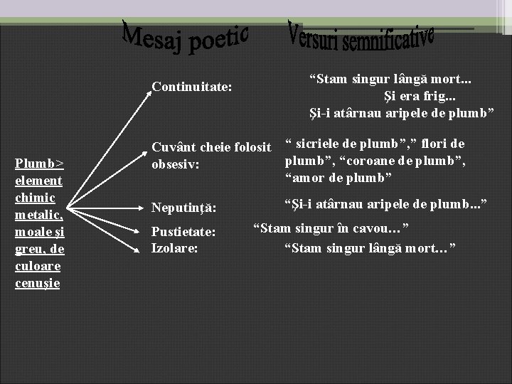 Continuitate: Plumb> element chimic metalic, moale şi greu, de culoare cenuşie “Stam singur lângă Continuitate: Plumb> element chimic metalic, moale şi greu, de culoare cenuşie “Stam singur lângă