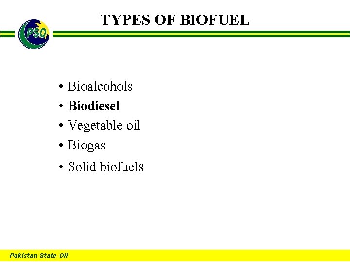 TYPES OF BIOFUEL B • Bioalcohols • Biodiesel • Vegetable oil • Biogas •