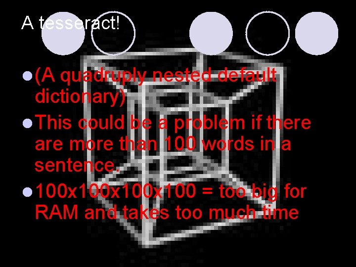 A tesseract! l (A quadruply nested default dictionary) l This could be a problem