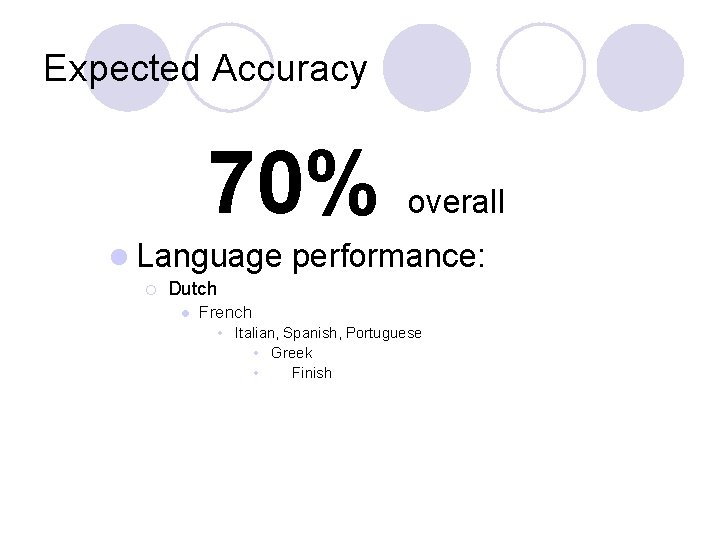 Expected Accuracy 70% l Language ¡ overall performance: Dutch l French • Italian, Spanish,