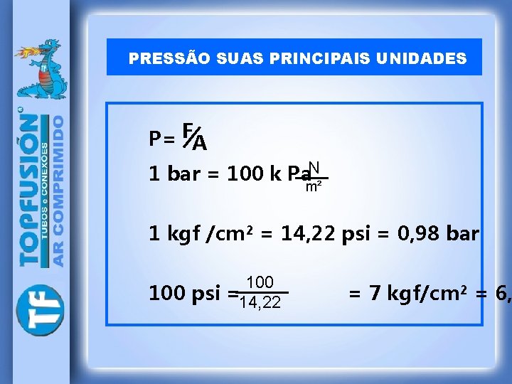 PRESSÃO SUAS PRINCIPAIS UNIDADES P= FA 1 bar = 100 k Pa. N m²