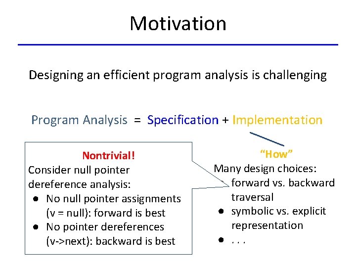 Motivation Designing an efficient program analysis is challenging Program Analysis = Specification + Implementation