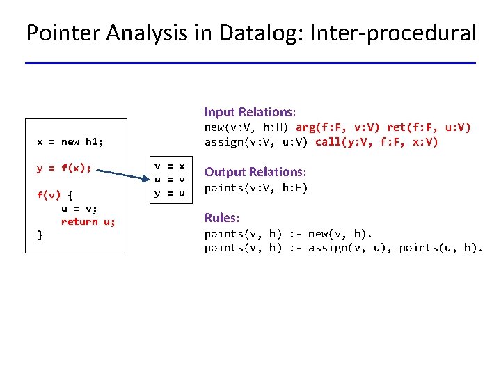 Pointer Analysis in Datalog: Inter-procedural Input Relations: new(v: V, h: H) arg(f: F, v: