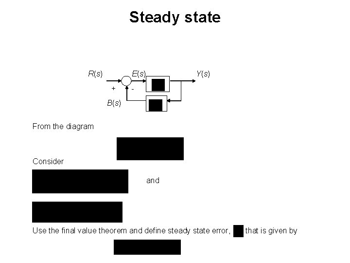 Steady state R(s) E(s) + Y(s) - B(s) From the diagram Consider and Use