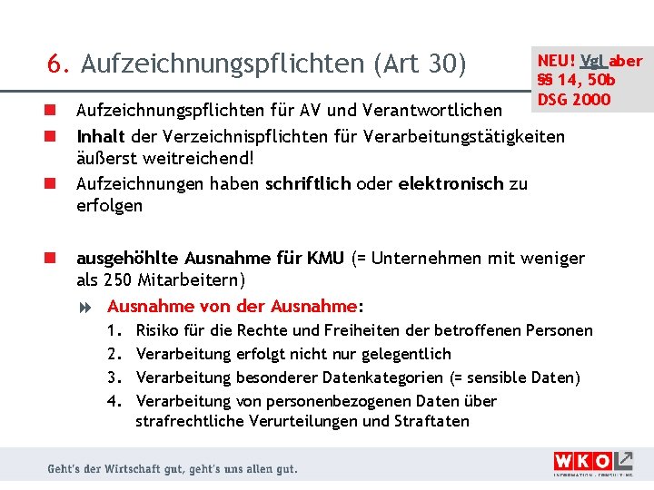6. Aufzeichnungspflichten (Art 30) n n NEU! Vgl aber §§ 14, 50 b DSG