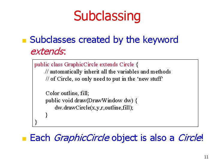 Subclassing n Subclasses created by the keyword extends: public class Graphic. Circle extends Circle