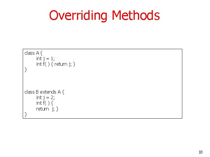 Overriding Methods class A { int j = 1; int f( ) { return