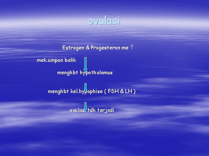 ovulasi Estrogen & Progesteron me mek. umpan balik menghbt hypothalamus menghbt kel. hypophise (