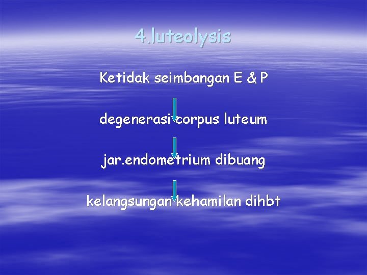 4. luteolysis Ketidak seimbangan E & P degenerasi corpus luteum jar. endometrium dibuang kelangsungan