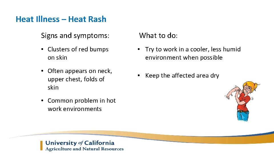 Heat Illness – Heat Rash Signs and symptoms: What to do: • Clusters of
