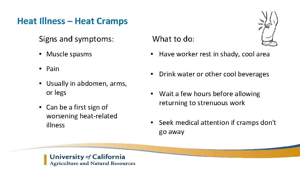 Heat Illness – Heat Cramps Signs and symptoms: What to do: • Muscle spasms