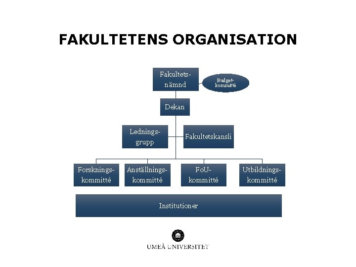 FAKULTETENS ORGANISATION Fakultets- Budgetkommitté nämnd Dekan Ledningsgrupp Fakultetskansli Forsknings- Anställnings- Fo. U- Utbildnings- kommitté