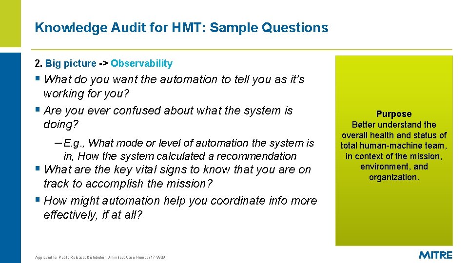 Knowledge Audit for HMT: Sample Questions 2. Big picture -> Observability § What do
