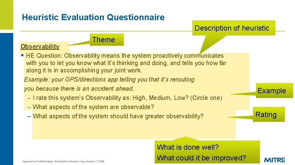 Heuristic Evaluation Questionnaire Description of heuristic Theme Observability § HE Question: Observability means the