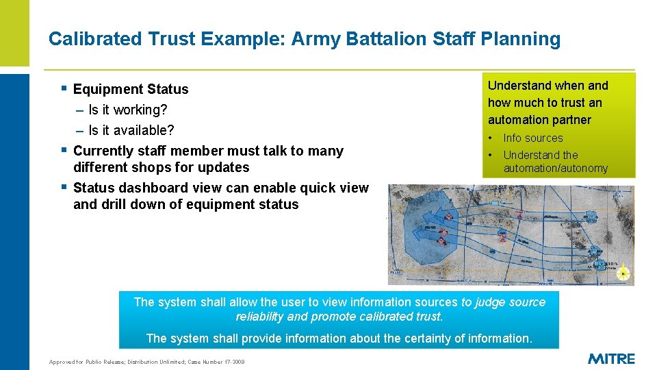 Calibrated Trust Example: Army Battalion Staff Planning § Equipment Status – Is it working?