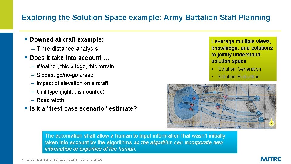 Exploring the Solution Space example: Army Battalion Staff Planning § Downed aircraft example: –