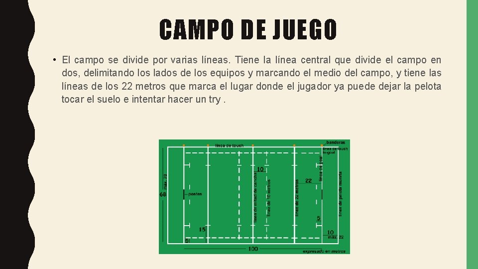 CAMPO DE JUEGO • El campo se divide por varias líneas. Tiene la línea