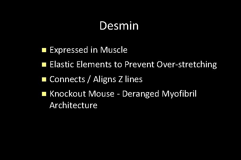 Desmin n Expressed in Muscle n Elastic Elements to Prevent Over-stretching n Connects /