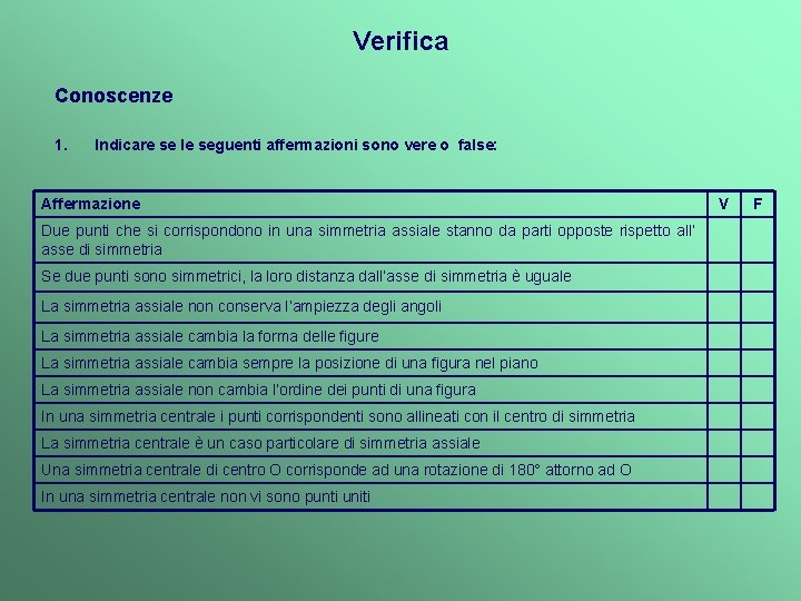 Verifica Conoscenze 1. Indicare se le seguenti affermazioni sono vere o false: Affermazione Due