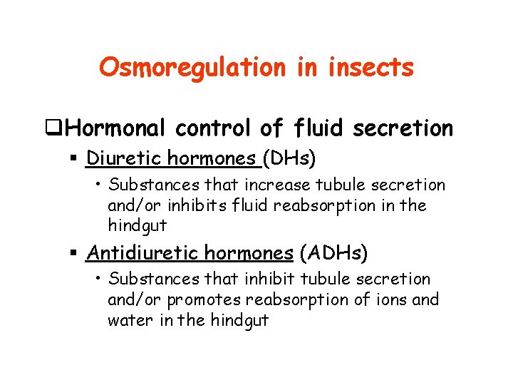 Osmoregulation in insects q. Hormonal control of fluid secretion § Diuretic hormones (DHs) •