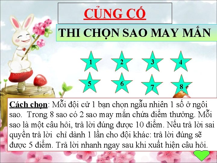 CỦNG CỐ THI CHỌN SAO MAY MẮN 1 2 3 4 5 6 7