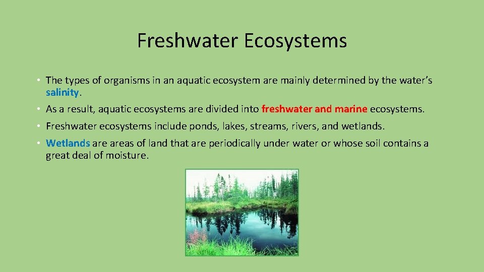 Freshwater Ecosystems • The types of organisms in an aquatic ecosystem are mainly determined