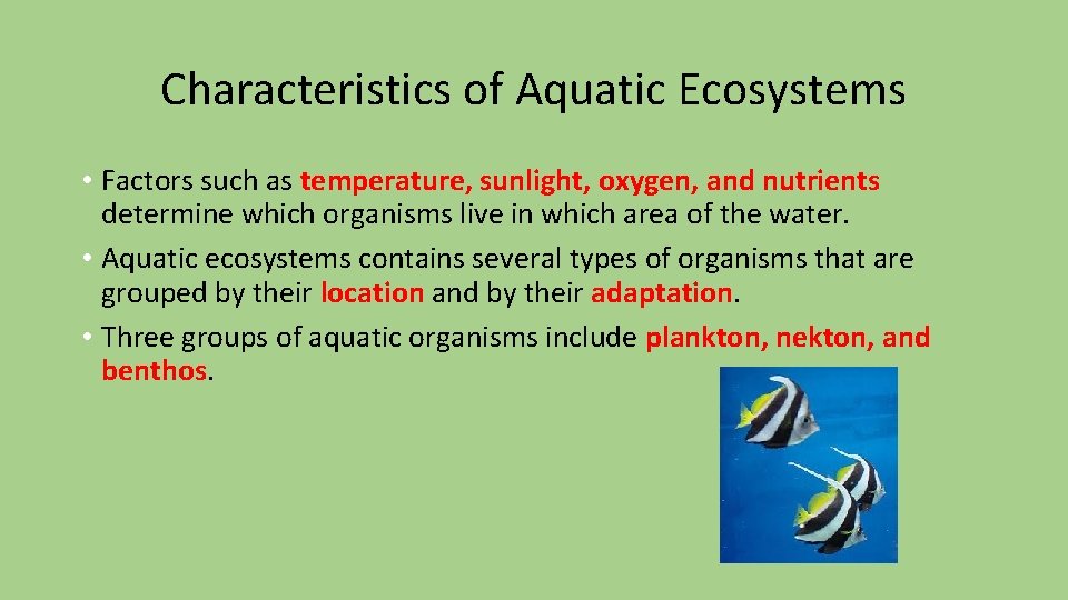 Characteristics of Aquatic Ecosystems • Factors such as temperature, sunlight, oxygen, and nutrients determine Characteristics of Aquatic Ecosystems • Factors such as temperature, sunlight, oxygen, and nutrients determine