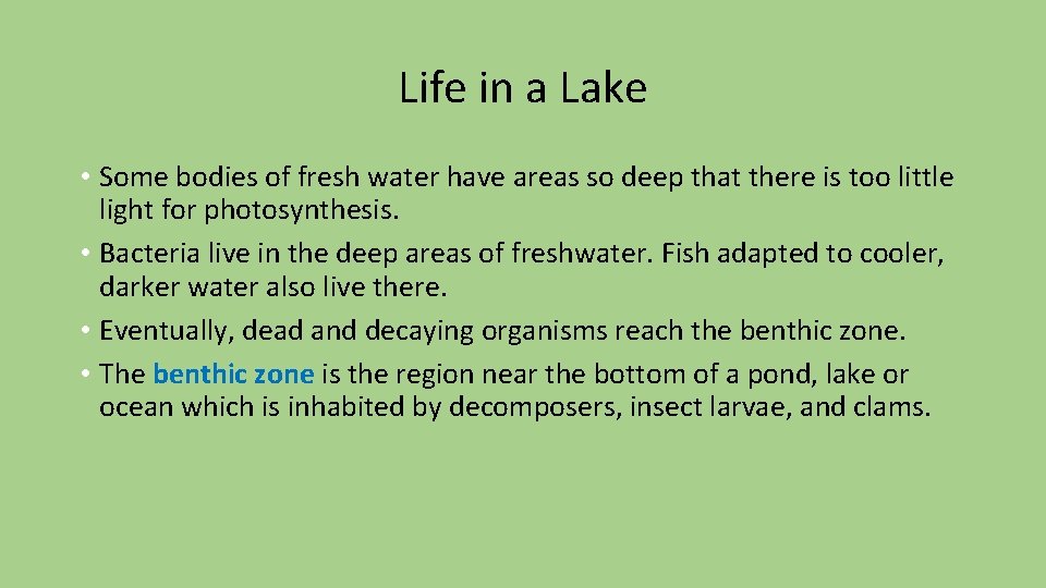 Life in a Lake • Some bodies of fresh water have areas so deep