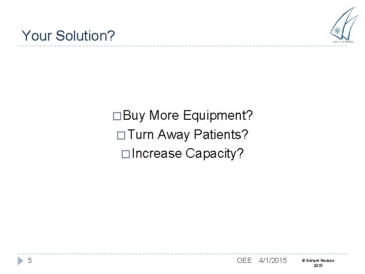Your Solution? � Buy More Equipment? � Turn Away Patients? � Increase Capacity? 5