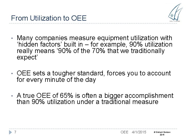 From Utilization to OEE • Many companies measure equipment utilization with ‘hidden factors’ built