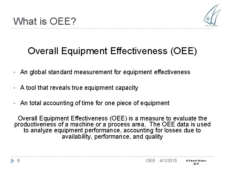 What is OEE? Overall Equipment Effectiveness (OEE) • An global standard measurement for equipment