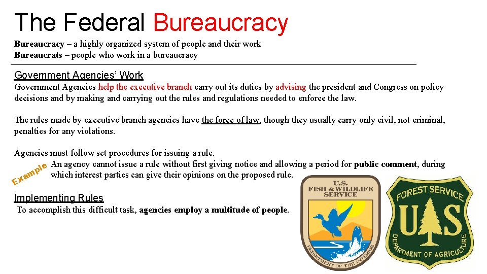 The Federal Bureaucracy – a highly organized system of people and their work Bureaucrats