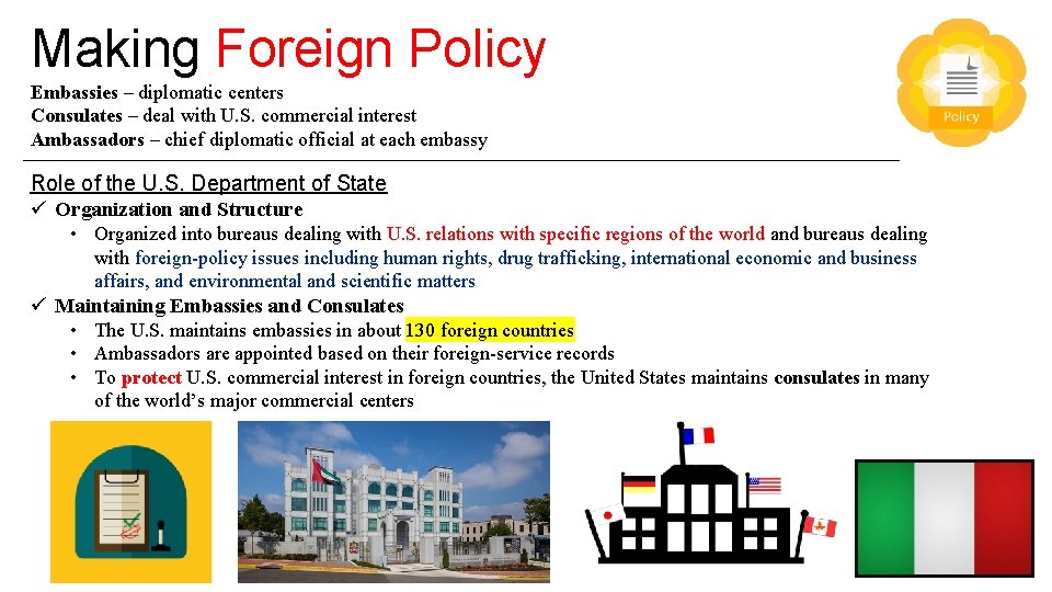 Making Foreign Policy Embassies – diplomatic centers Consulates – deal with U. S. commercial