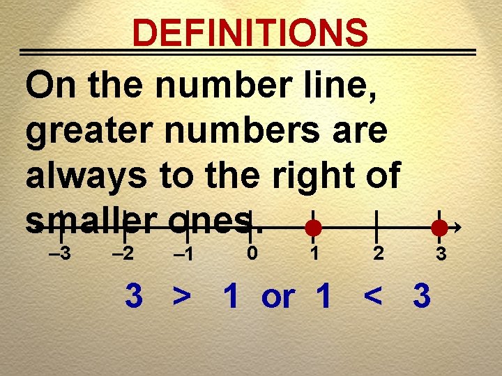 DEFINITIONS On the number line, greater numbers are always to the right of smaller DEFINITIONS On the number line, greater numbers are always to the right of smaller