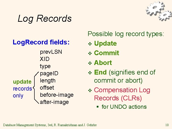 Log Records Log. Record fields: update records only prev. LSN XID type page. ID