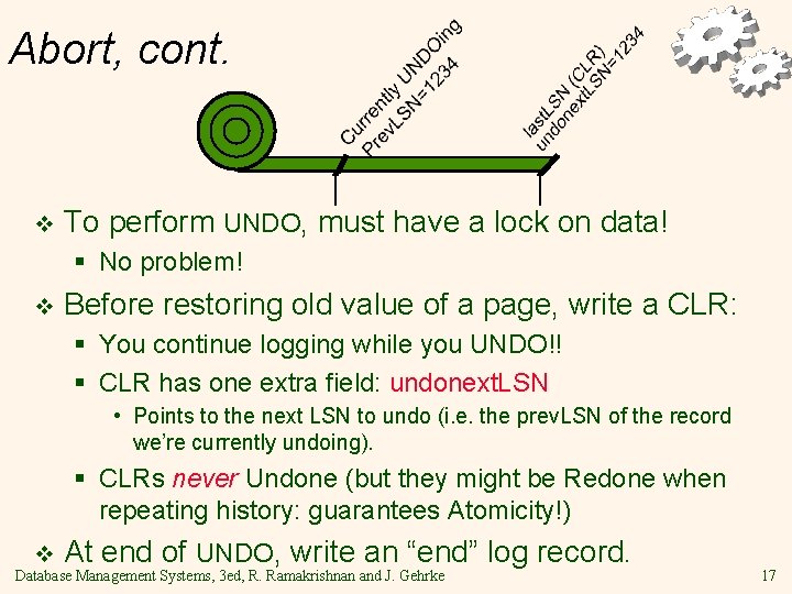 Abort, cont. v To perform UNDO, must have a lock on data! § No
