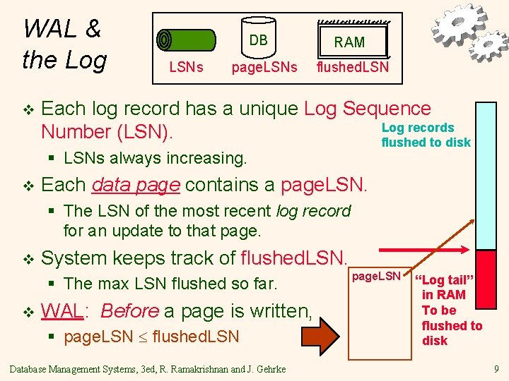 WAL & the Log v DB LSNs page. LSNs RAM flushed. LSN Each log