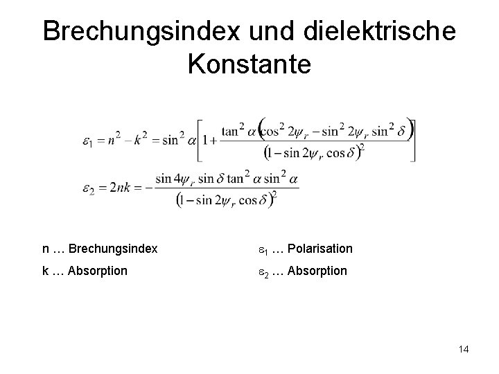 Brechungsindex und dielektrische Konstante n … Brechungsindex 1 … Polarisation k … Absorption 2