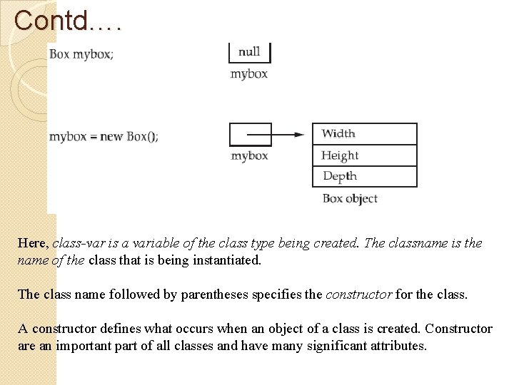 Contd…. Here, class-var is a variable of the class type being created. The classname