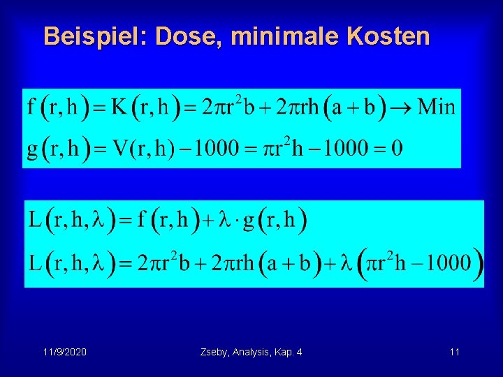 Beispiel: Dose, minimale Kosten 11/9/2020 Zseby, Analysis, Kap. 4 11 
