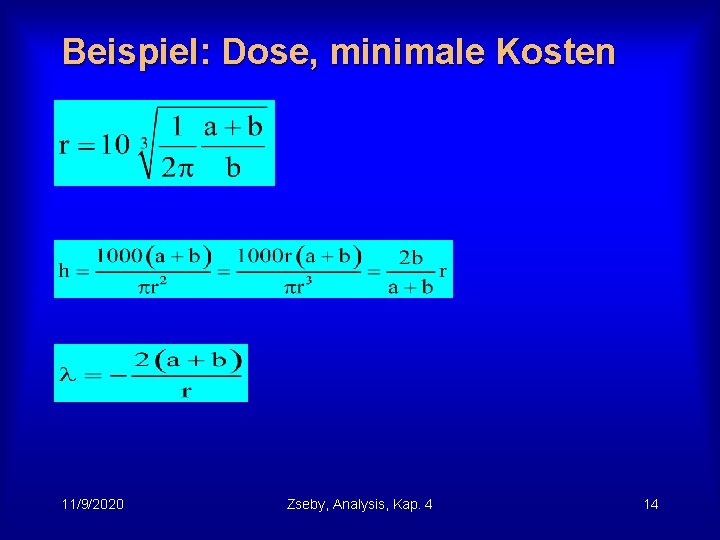 Beispiel: Dose, minimale Kosten 11/9/2020 Zseby, Analysis, Kap. 4 14 