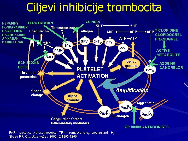 Ciljevi inhibicije trombocita TERUTROBAN HEPARINS FONDAPARINUX Thromboxane A 2 BIVALIRUDIN Coagulation RIVAROXABAN APIXABAN DABIGATRAN