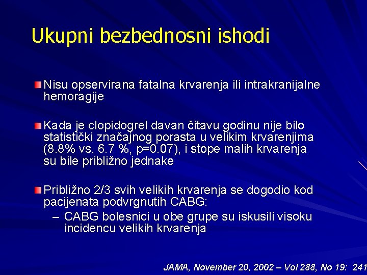 Ukupni bezbednosni ishodi Nisu opservirana fatalna krvarenja ili intrakranijalne hemoragije Kada je clopidogrel davan