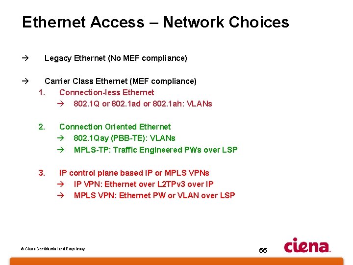 Ethernet Access – Network Choices à à Legacy Ethernet (No MEF compliance) Carrier Class