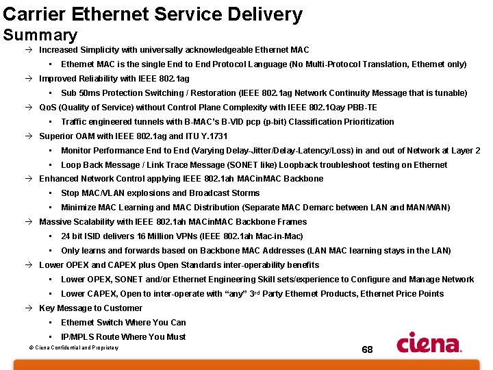 Carrier Ethernet Service Delivery Summary à Increased Simplicity with universally acknowledgeable Ethernet MAC •