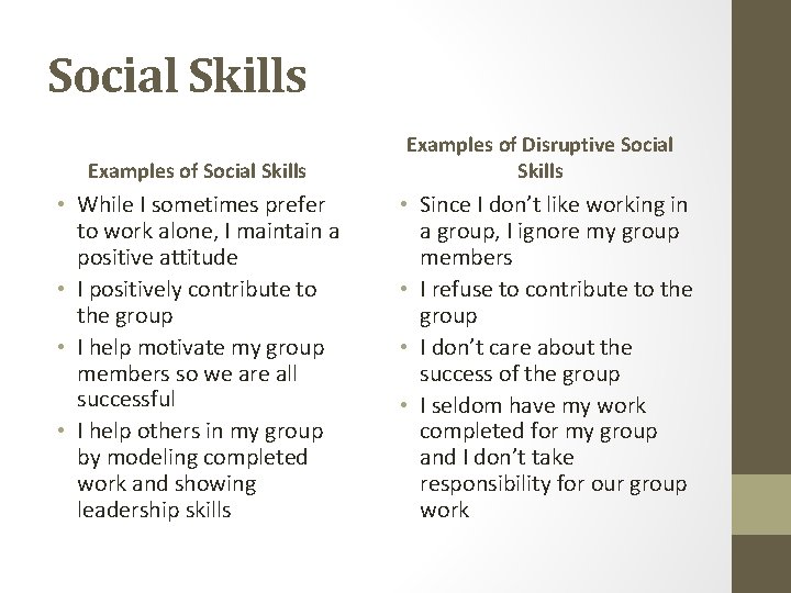 Social Skills Examples of Disruptive Social Skills • While I sometimes prefer to work