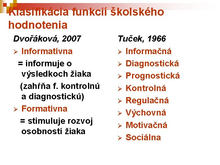 Klasifikácia funkcií školského hodnotenia Dvořáková, 2007 Ø Informatívna = informuje o výsledkoch žiaka (zahŕňa